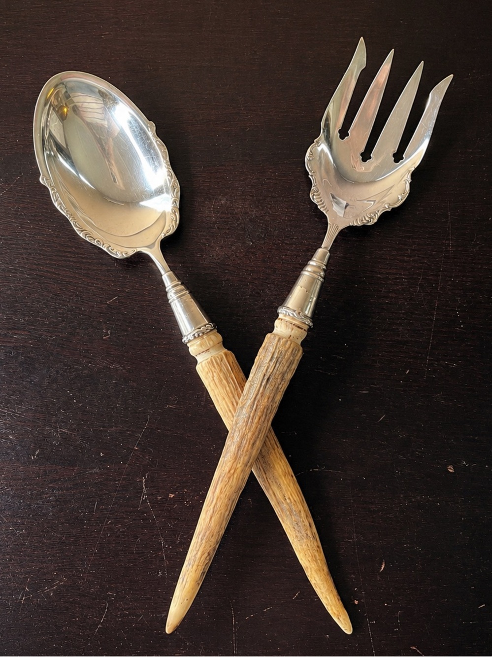 Antique Stag Horn Handle Serving Set Silver Plate Salad Fork Spoon Rustic Lodge
